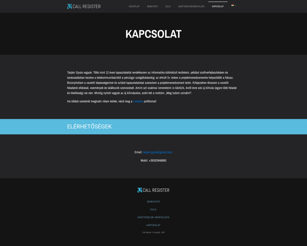 Call Register weboldal fejlesztés